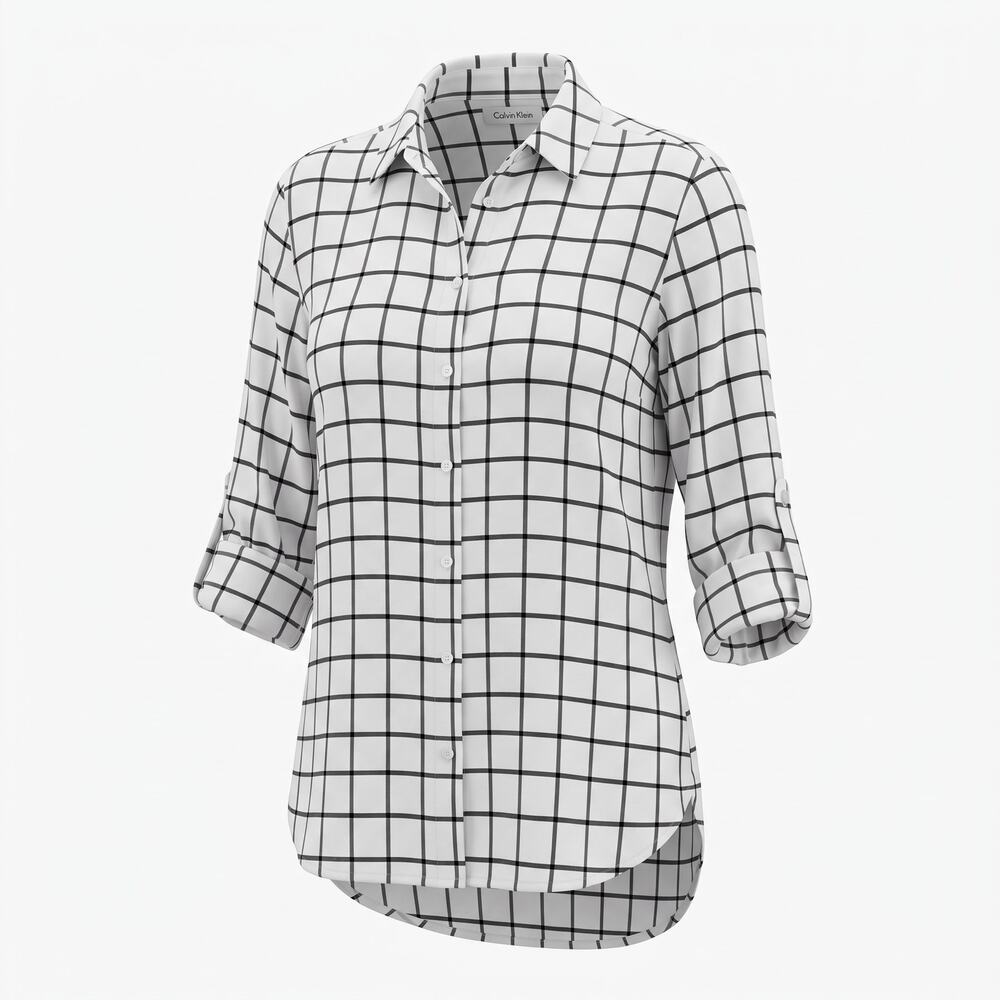 Calvin Klein Women S White Black Windowpane Plaid Tunic Shirt Roll Tab Sleeve